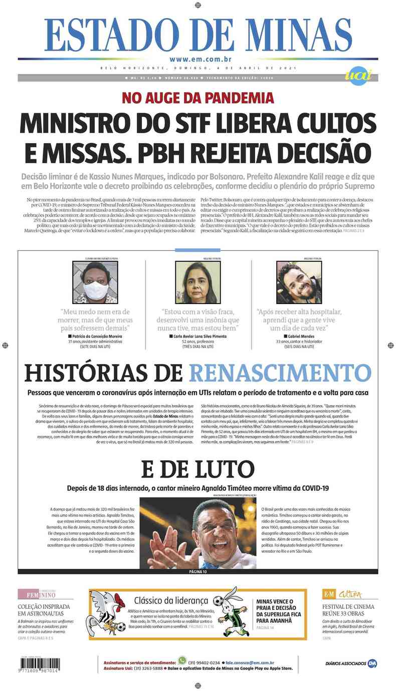 Confira a Capa do Jornal Estado de Minas do dia 04/04/2021(foto: Estado de Minas)