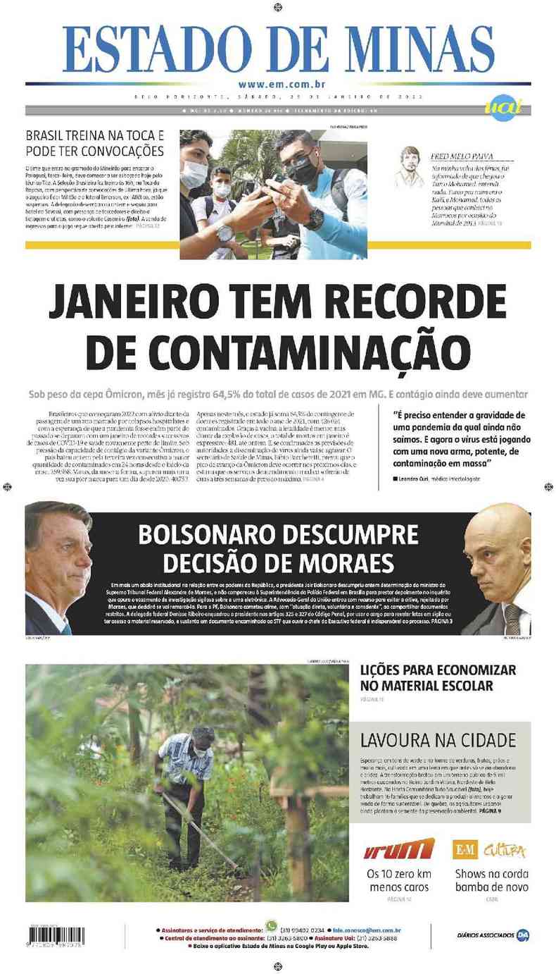 Confira a Capa do Jornal Estado de Minas do dia 29/01/2022