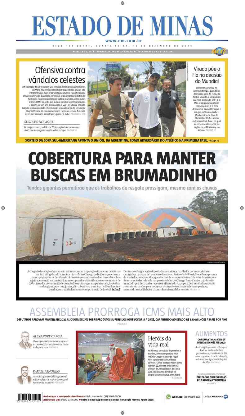 Confira a Capa do Jornal Estado de Minas do dia 18/12/2019(foto: Estado de Minas)