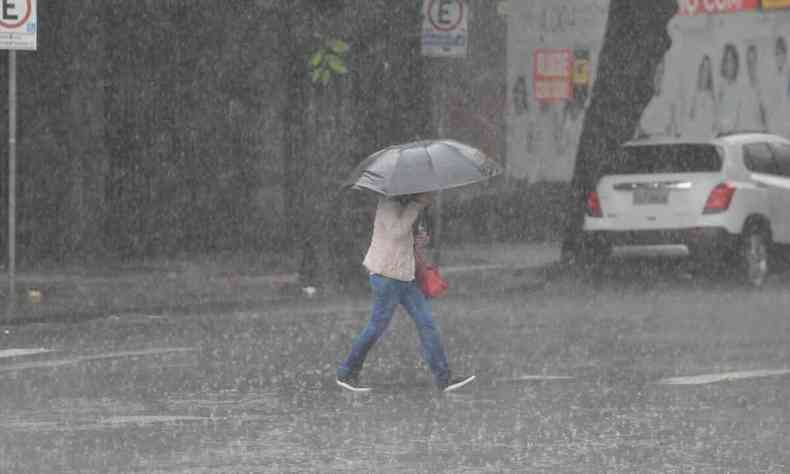 Mulher tenta fugir de forte chuva em Belo Horizonte