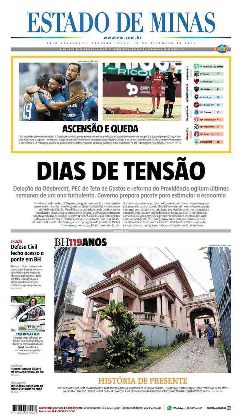 Confira a Capa do Jornal Estado de Minas do dia 12/12/2016