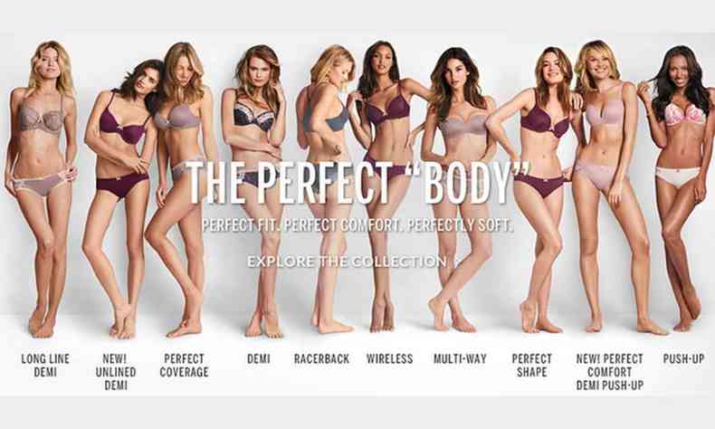 Dez modelos, uma do lado da outra, usando lingerie em banner do site da Victoria's Secret
