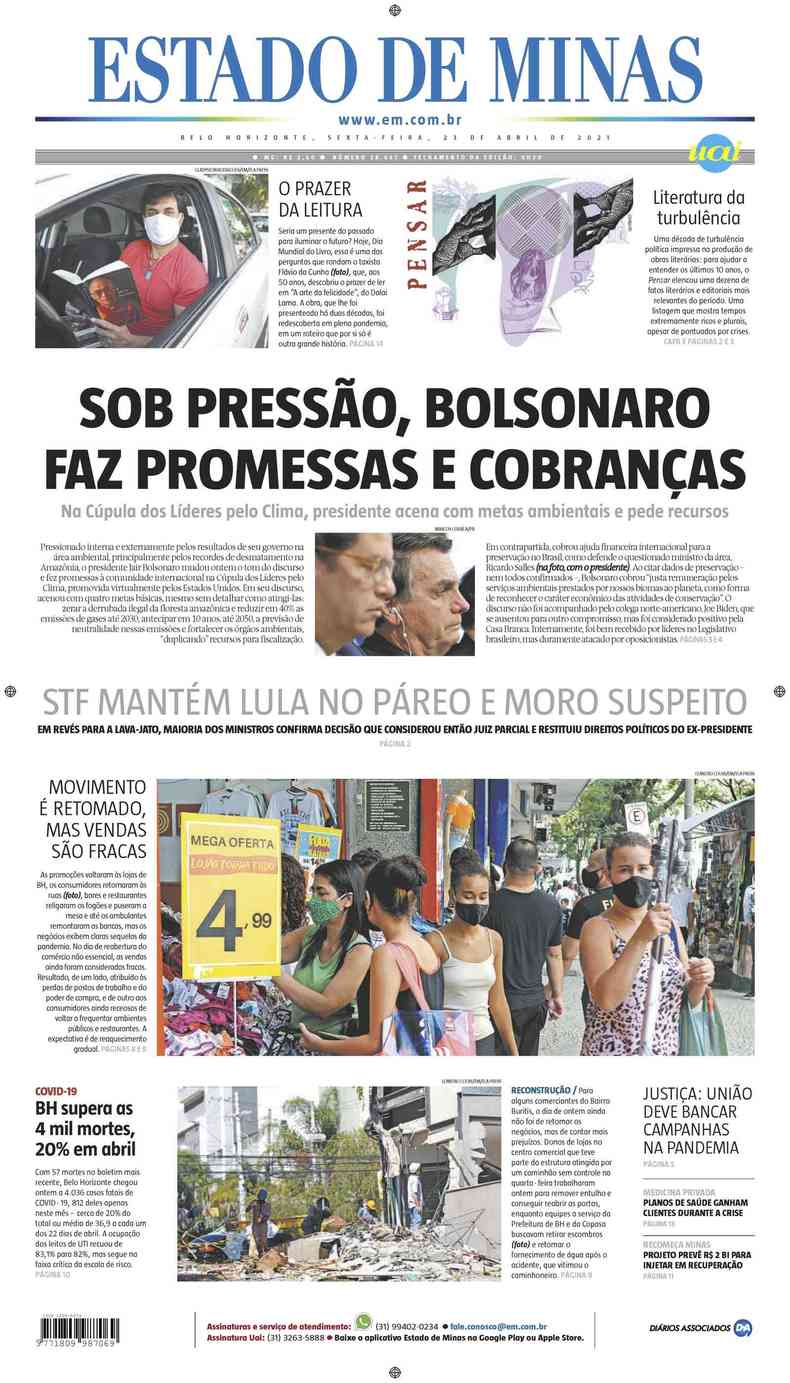 Confira a Capa do Jornal Estado de Minas do dia 23/04/2021(foto: Estado de Minas)