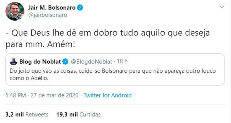 Bolsonaro e Ricardo Noblat trocaram farpas pelo Twitter(foto: Reproduo)
