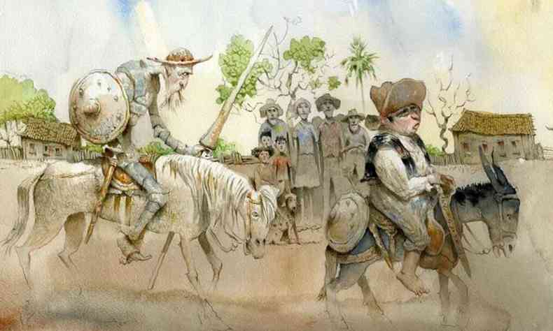 Ilustrao de Lelis mostra Dom Quixote e Sancho Pana, a cavalo na roa, observados por famlia brasileira de sertanejos 