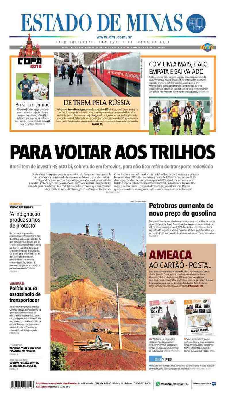 Confira a Capa do Jornal Estado de Minas do dia 03/06/2018