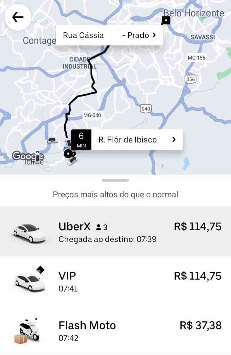 Simulao de valor de corrida no aplicativo Uber