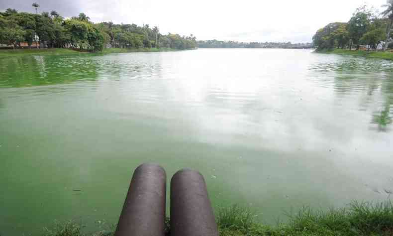 Foto mostra cano de esgoto sobre a Lagoa da Pampulha
