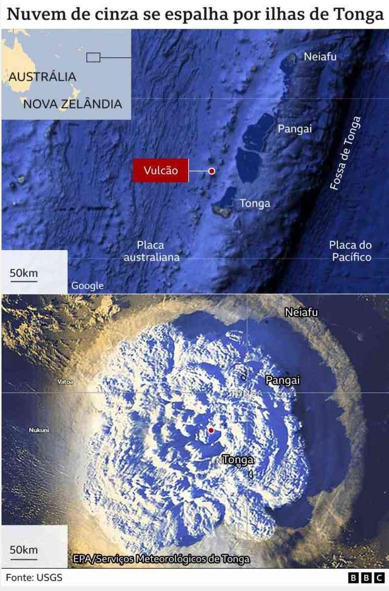 Grafico mostra como ilha estava onde volcao desapareceu no Pacifico