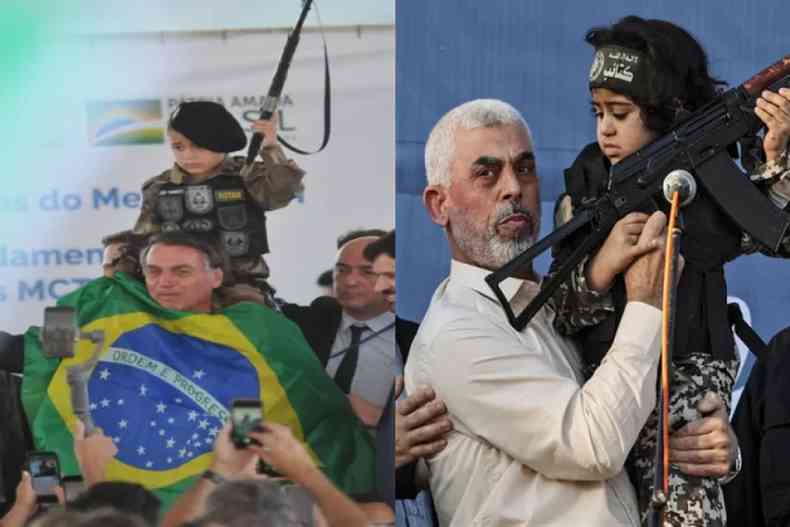 Bolsonaro em BH e o chefe do Hamás, Yahya Sinwar, durante uma manifestação em Gaza