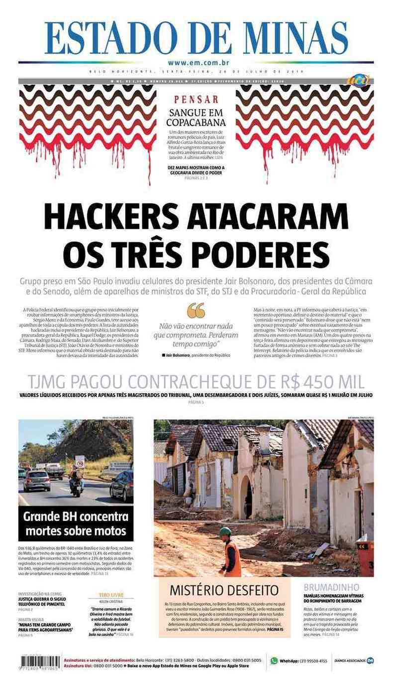 Confira a Capa do Jornal Estado de Minas do dia 26/07/2019(foto: Estado de Minas)