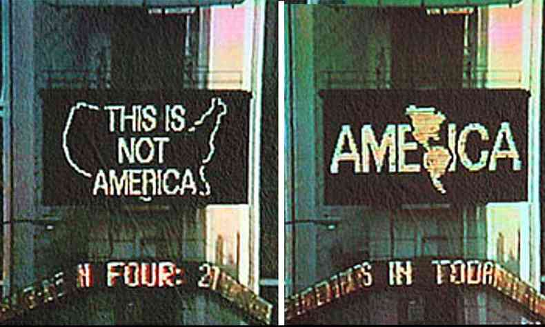 Letreiros com as frases 'this is not america' e 'america'