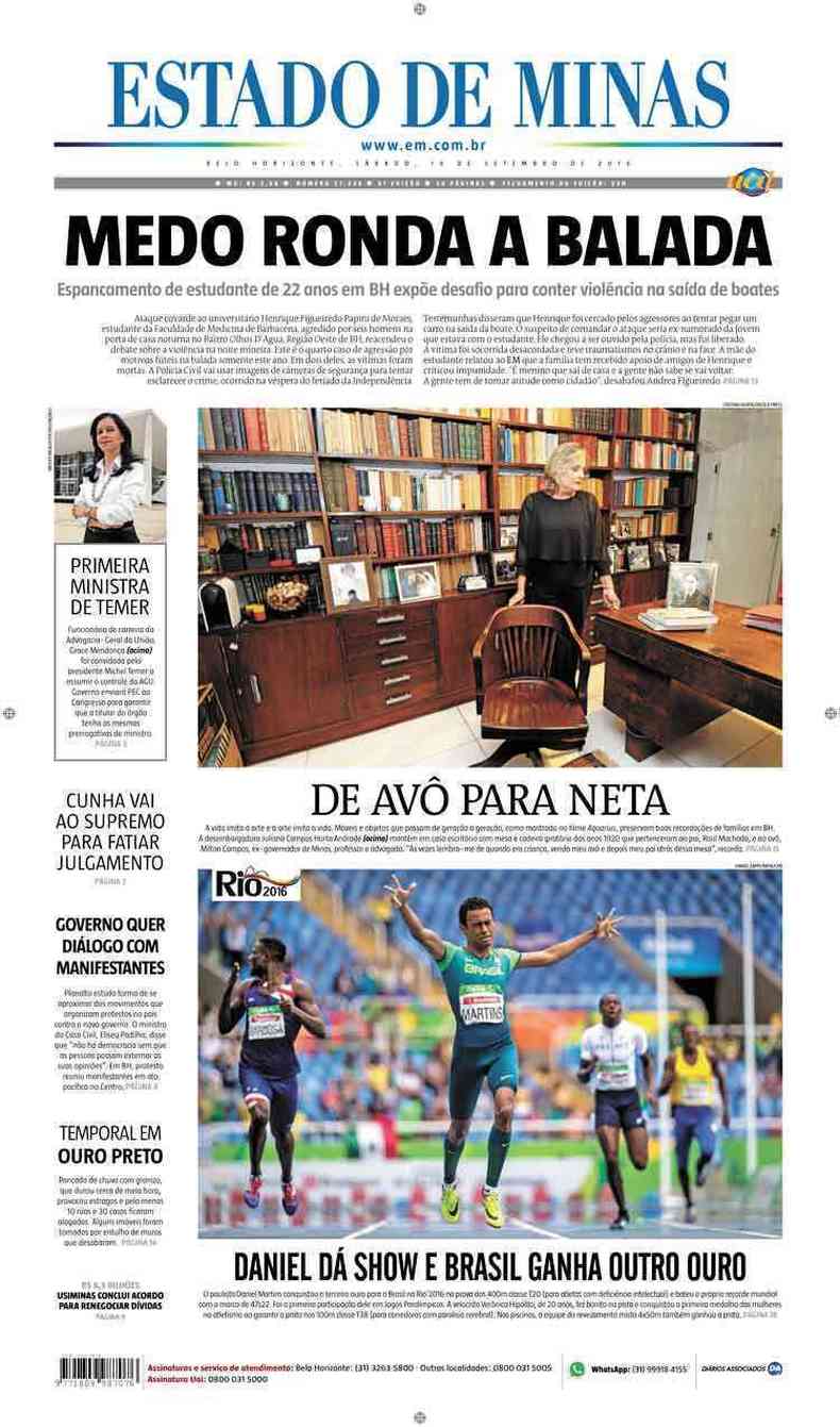 Confira a Capa do Jornal Estado de Minas do dia 10/09/2016