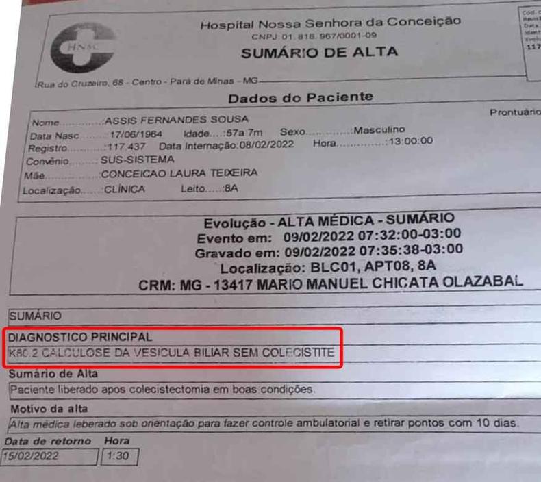 Na alta consta que ele foi operado de vesícula(foto: Assis Fernandes/Arquivo pessoal) Alta médica de Assis Fernandes
