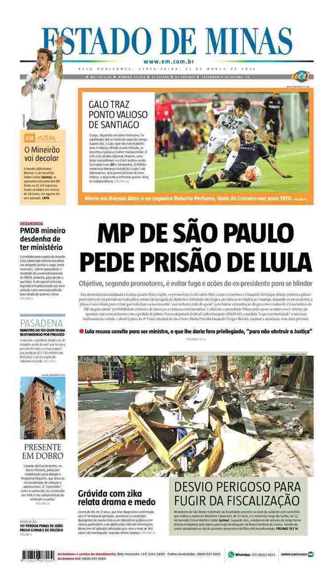 Confira a Capa do Jornal Estado de Minas do dia 11/03/2016