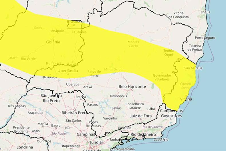 Faixa sob alerta de chuvas intensas e ventos fortes em Minas gerais mapa do estado