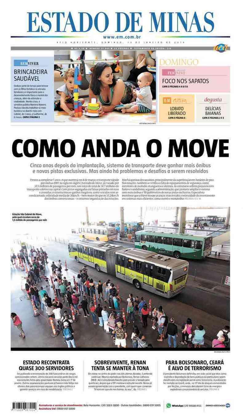 Confira a Capa do Jornal Estado de Minas do dia 13/01/2019(foto: Estado de Minas)