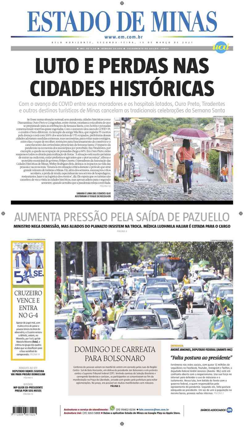 Confira a Capa do Jornal Estado de Minas do dia 15/03/2021(foto: Estado de Minas)