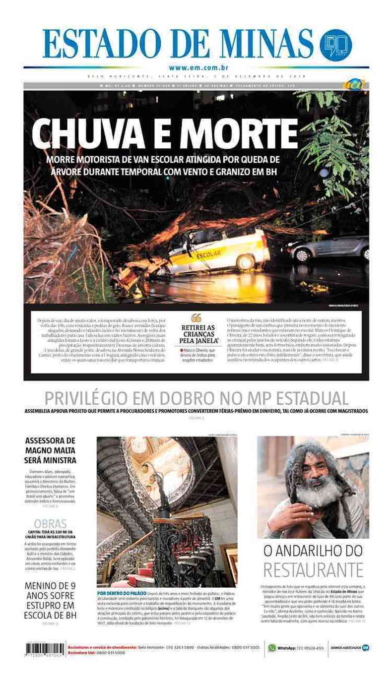 Confira a Capa do Jornal Estado de Minas do dia 07/12/2018(foto: Estado de Minas)