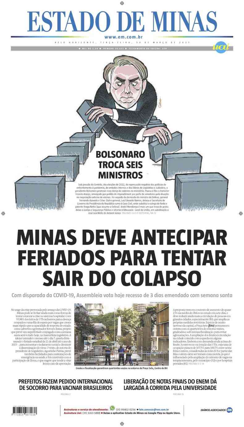 Confira a Capa do Jornal Estado de Minas do dia 30/03/2021(foto: Estado de Minas)