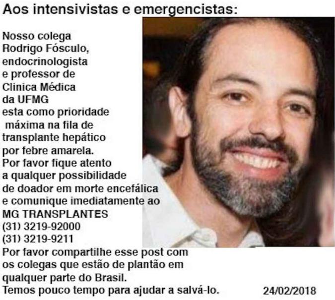 O post diz que há pouco tempo para salvar o professor com febre amarela(foto: Reprodução) O post diz que há pouco tempo para salvar o professor com febre amarela(foto: Reprodução)