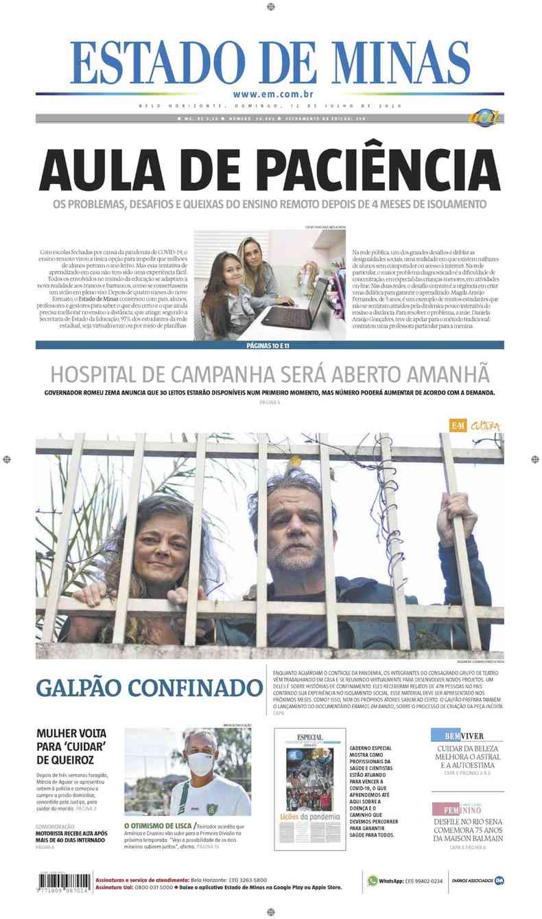 Confira a Capa do Jornal Estado de Minas do dia 12/07/2020(foto: Estado de Minas)