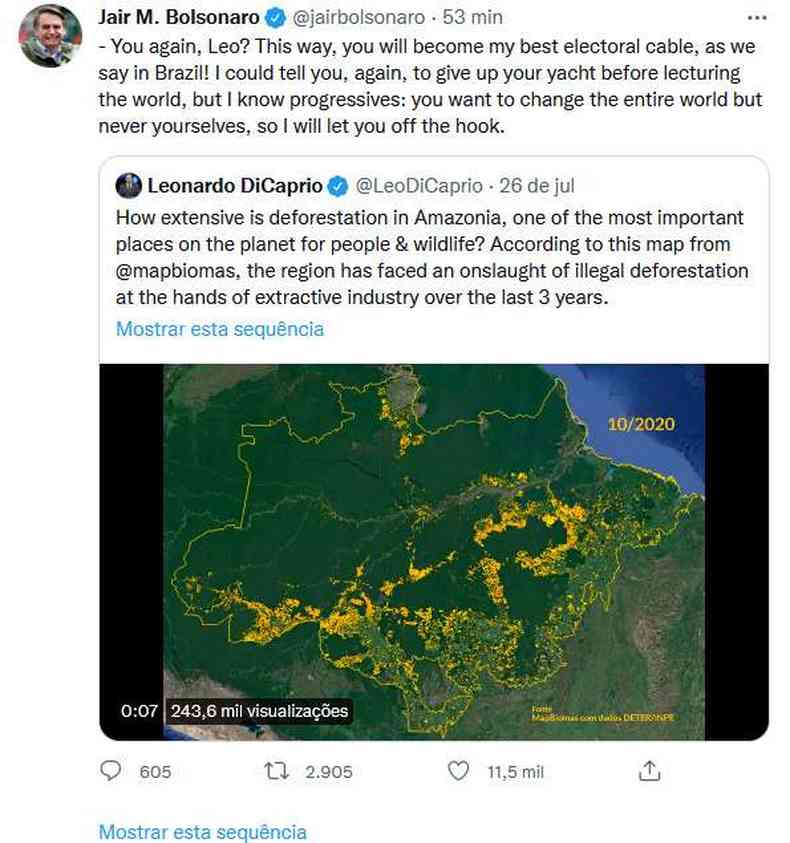 Twitter de Jair Bolsonaro respondendo DiCaprio