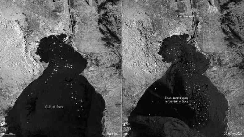 A imagem  esquerda mostra navios esperando para passar pelo Canal de Suez no domingo, 21 de maro. A imagem  direita mostra os barcos na quinta-feira, 25 de maro, dois dias depois que o Ever Given encalhou(foto: Reuters)