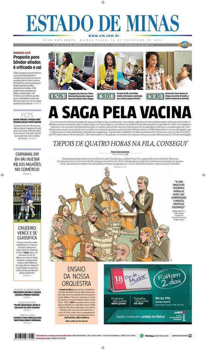 Confira a Capa do Jornal Estado de Minas do dia 16/02/2017