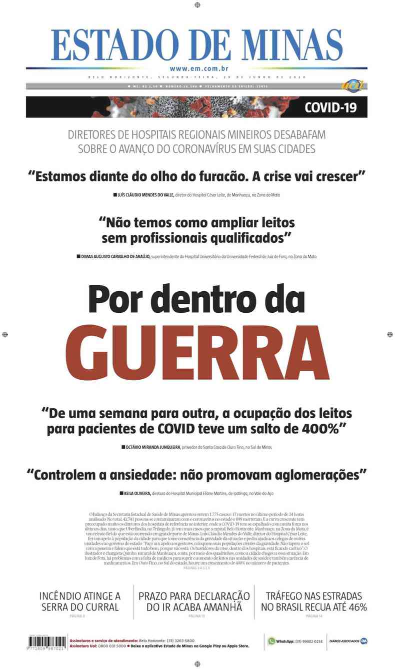 Confira a Capa do Jornal Estado de Minas do dia 29/06/2020(foto: Estado de Minas)