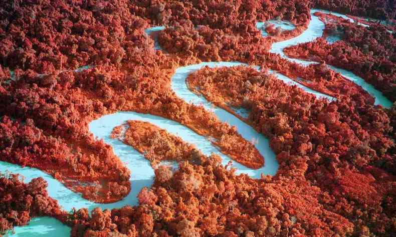 Foto de Richard Mosse, feita com cmera especial na Amaznia, mostra rea de floresta em vermelho e rio azul-piscina