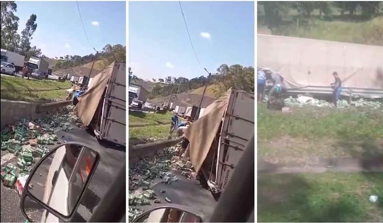 Montagem de fotos de saque de cerveja em rodovia