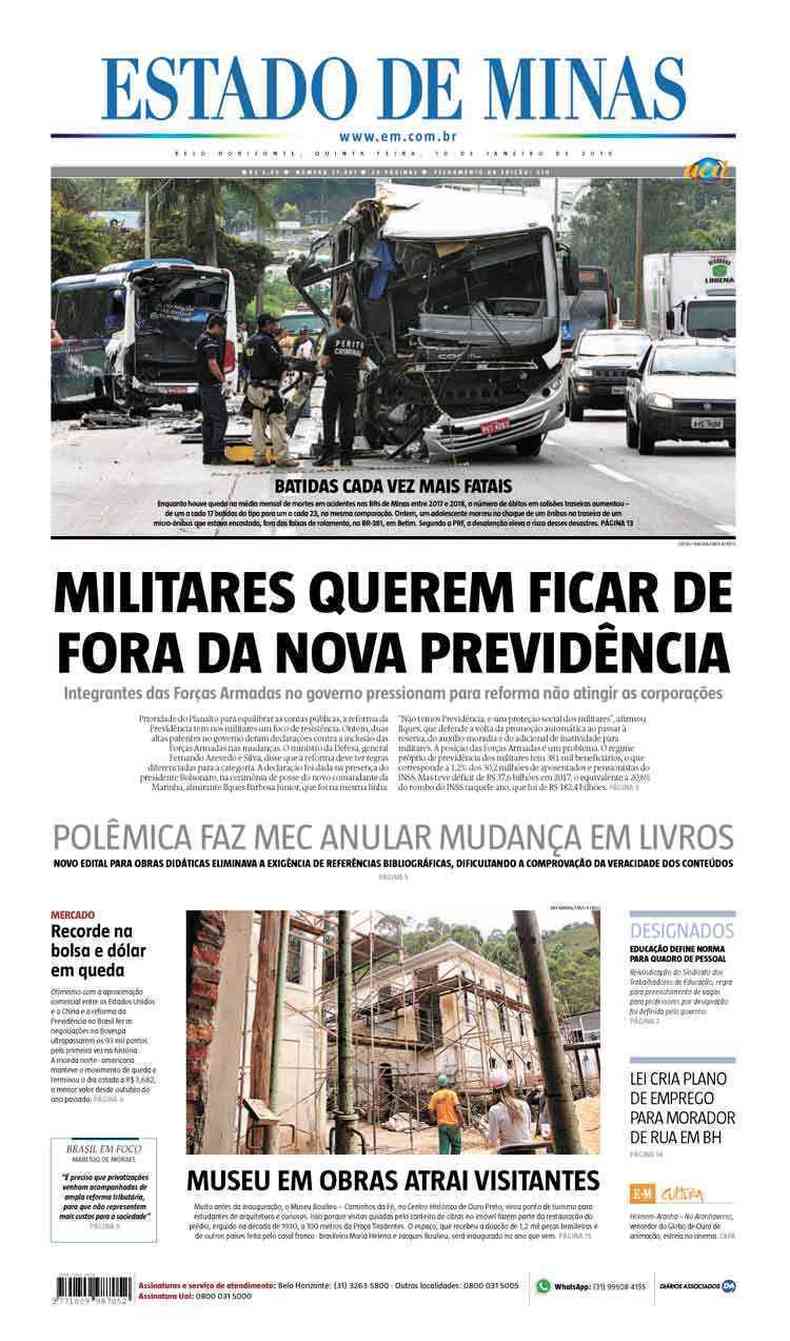 Confira a Capa do Jornal Estado de Minas do dia 10/01/2019(foto: Estado de Minas)