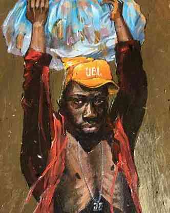Pintura de Max Motta mostra rapaz negro de olhar triste, com a camisa aberta e segurando trouxa azul na cabeça