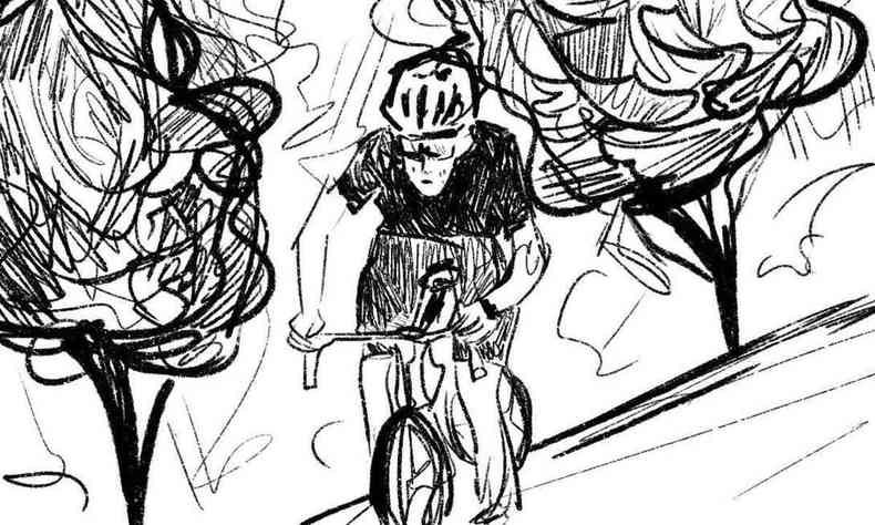 Imagem de ciclista, em desenho preto e branco, no curta Tropecei de bike e ca num vortex