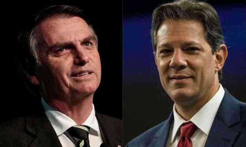 Disputa entre Fernando Haddad (PT) e Jair Bolsonaro (PSL) tambm presente no Twitter(foto: Miguel Schincario/AFPl e Daniel Ramalho/AFP)