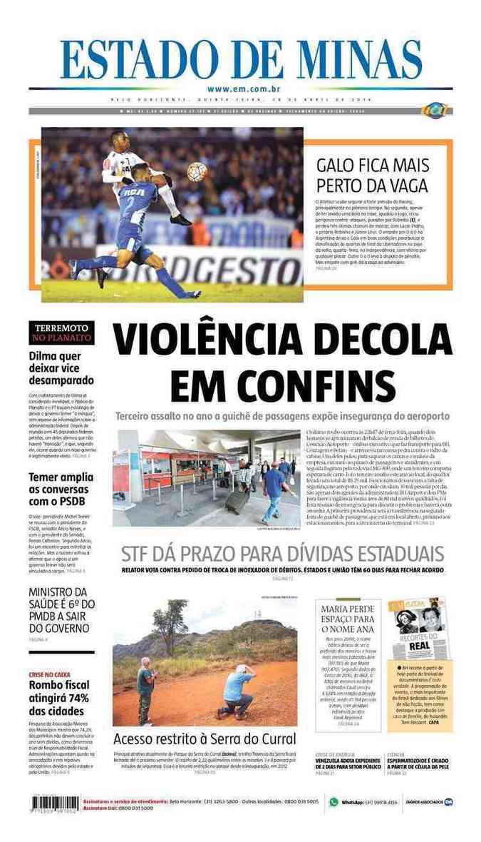 Confira a Capa do Jornal Estado de Minas do dia 28/04/2016