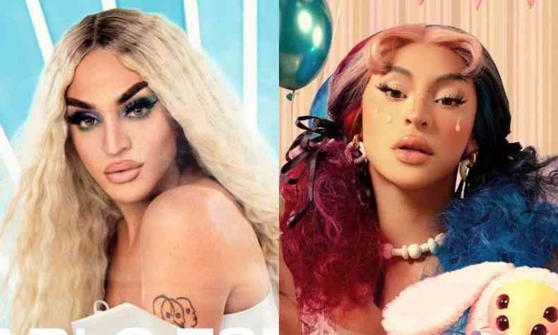 Montagem de duas fotos de Pabllo Vittar.  esquerda, est uma foto de 2018, na qual a drag usa maquiagem escura e uma lace loira.  direita, uma foto de 2022, na qual os olhos esto menores e mais esticados e ela usa uma lace rosa com vermelho e azul