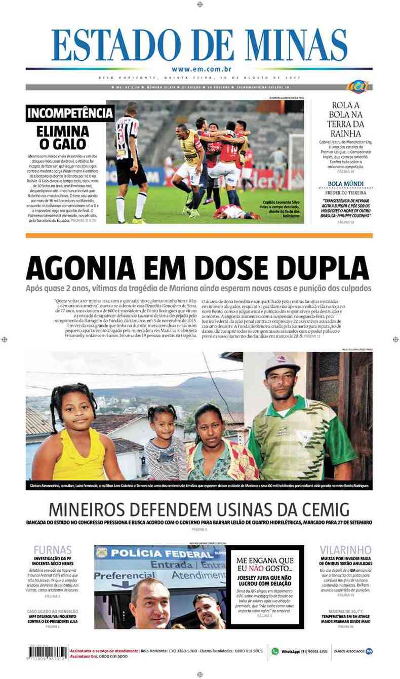 Confira a Capa do Jornal Estado de Minas do dia 10/08/2017