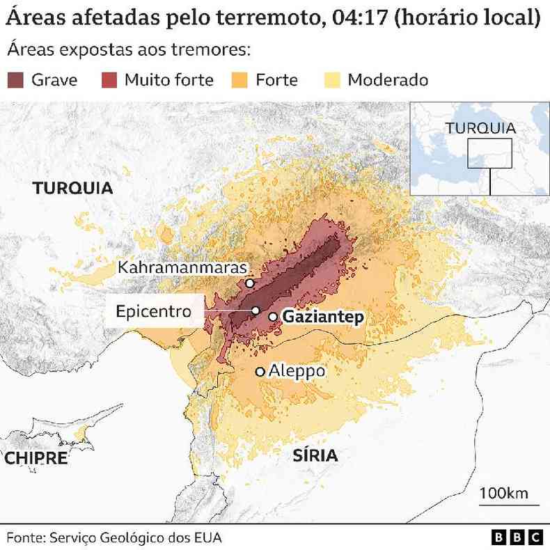 Mapa mostra reas afetadas pelo terremoto