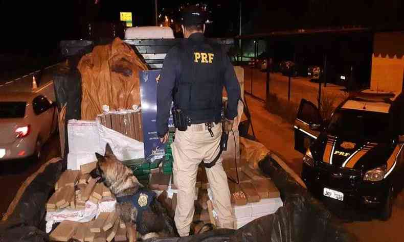 Droga foi localizada aps cachorro apontar a presena na carroceria do caminho(foto: PRF/Divulgao)