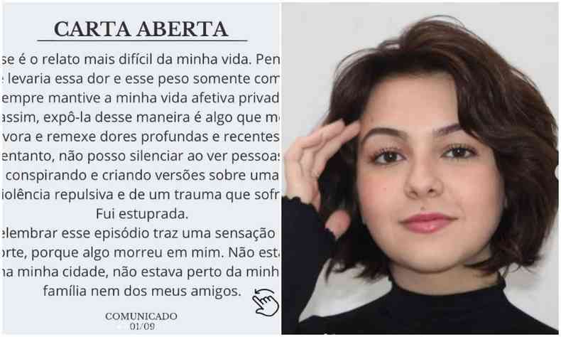 Foto dividida ao meio com lado esquerdo um print do comunicado publicado no Instagram e do lado direito a foto da atriz Klara Castanho