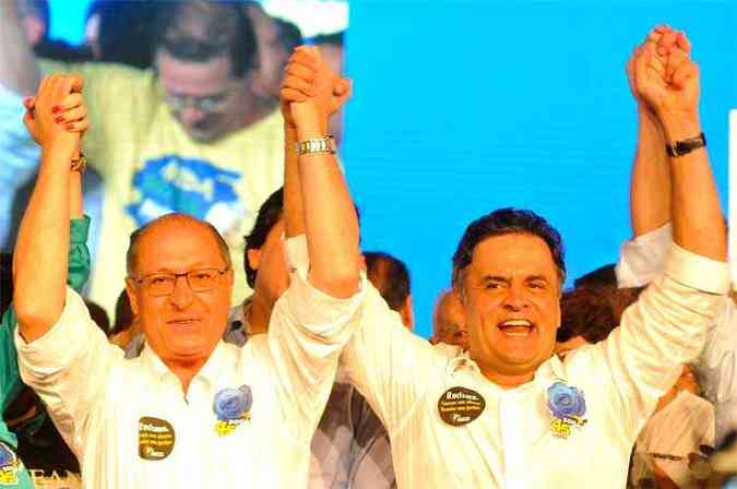 Governador Geraldo Alckmin e o senador Acio Neves durante conveno do PSDB(foto: Antonio Cuha/CB/D.A Press)