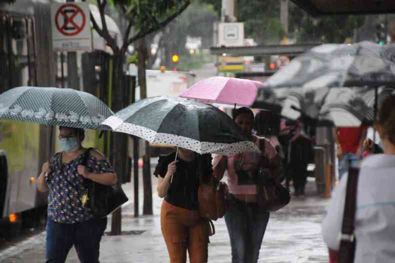 Pessoas com guarda-chuvas andando pelas ruas de BH