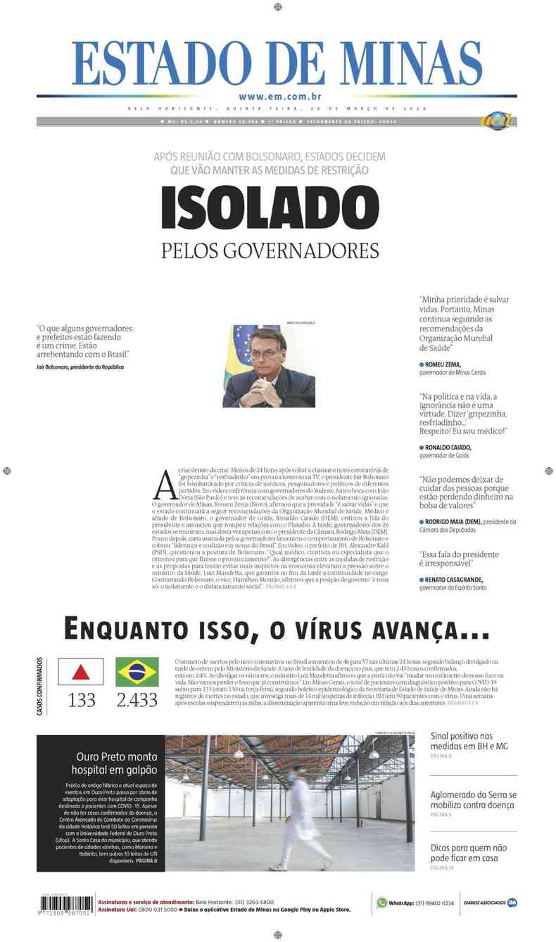 Confira a Capa do Jornal Estado de Minas do dia 26/03/2020(foto: Estado de Minas)
