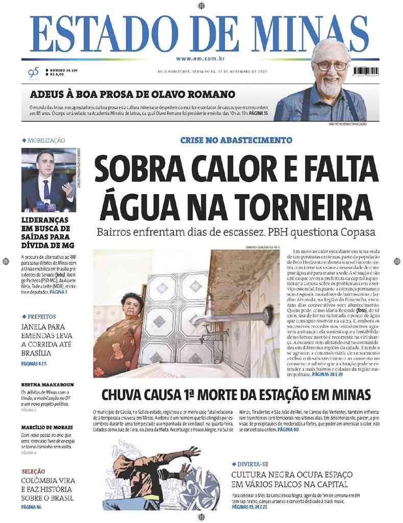 Confira a Capa do Jornal Estado de Minas do dia 17/11/2023