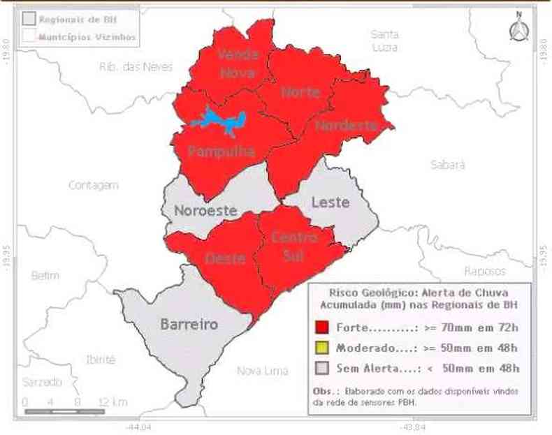 Um mapa das regionais de Belo Horizonte que aponta para o risco geolgico