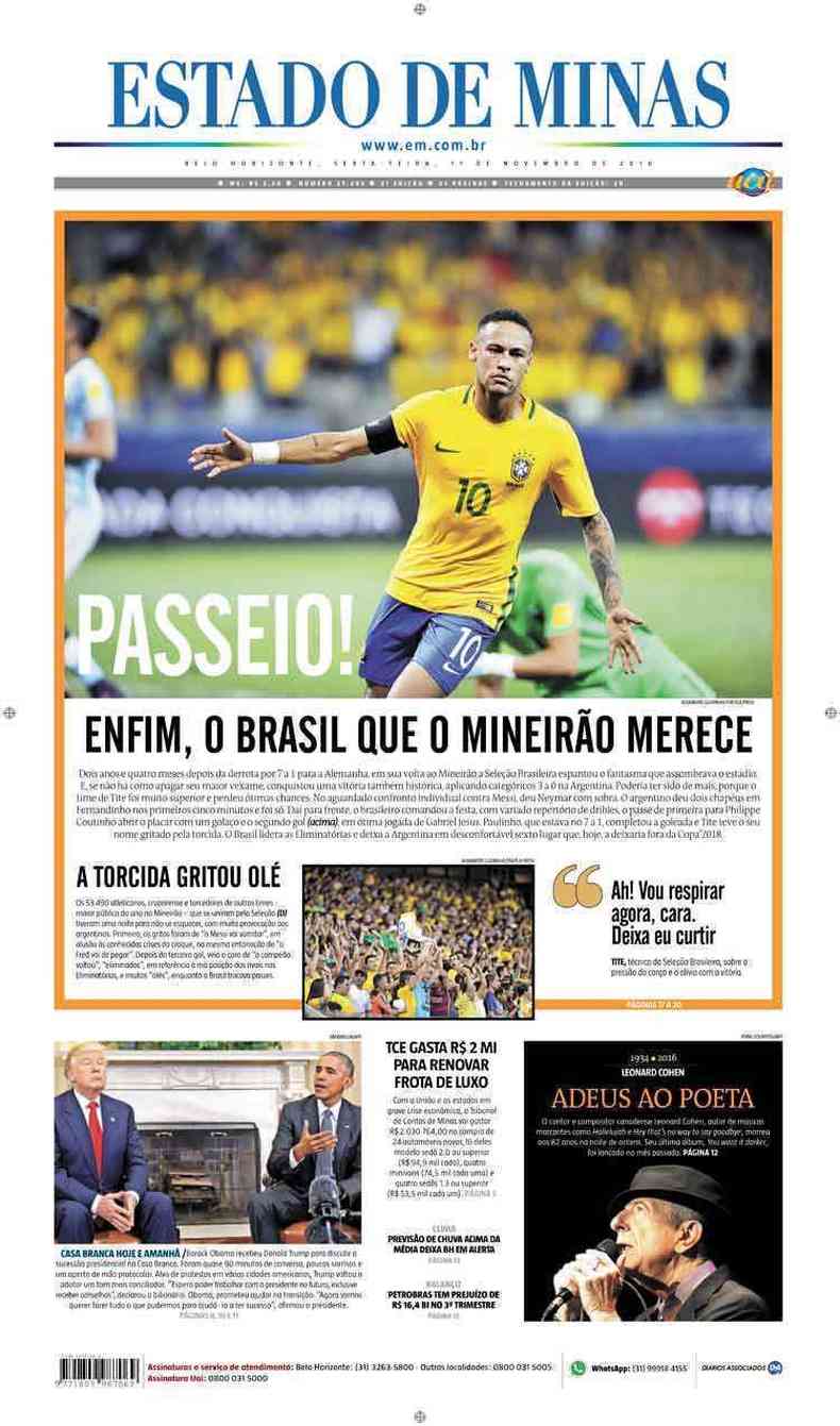 Confira a Capa do Jornal Estado de Minas do dia 11/11/2016