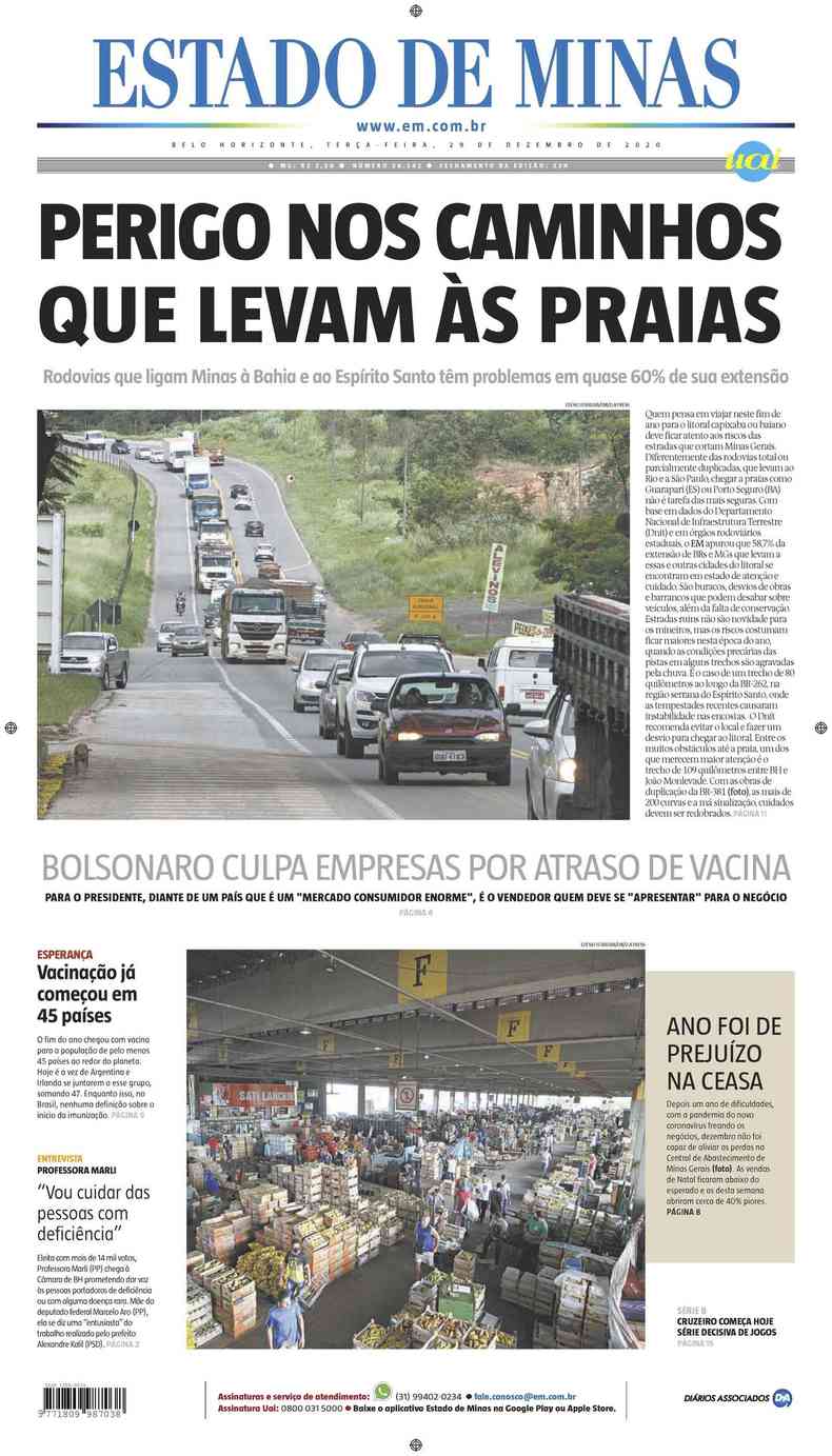 Confira a Capa do Jornal Estado de Minas do dia 29/12/2020(foto: Estado de Minas)