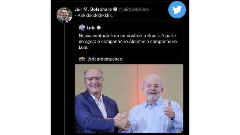 Reproduo de post de Bolsonaro dizendo 'kkkkkkkkk' ao retuitar post de Lula